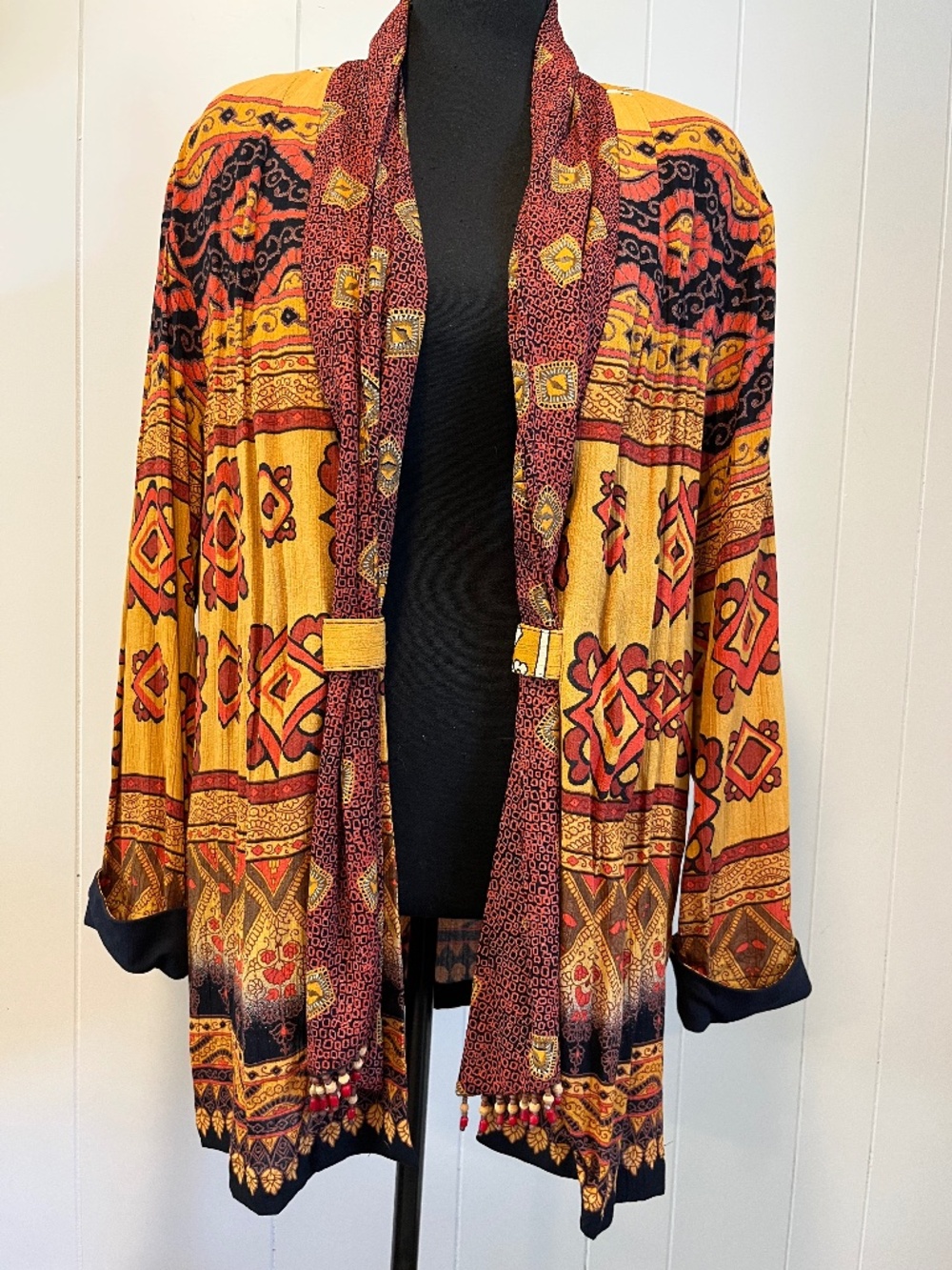 VTG Boho Geometric Open Front Jacket Duster Attached Scarf Tassel sz 12 Petite